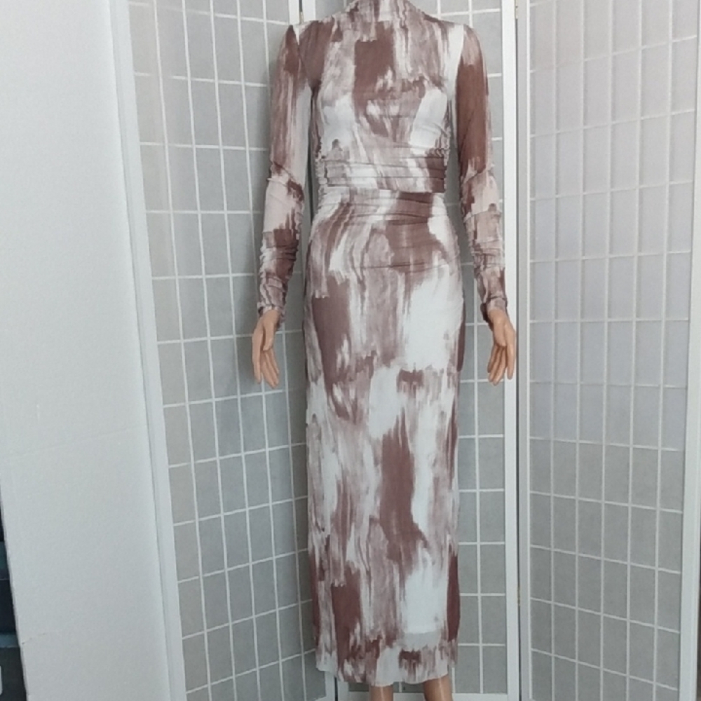 Commense Brown and White Brushstroke Maxi Dress Women's XS -Long  Ruched Sleeves - Picture 3 of 15